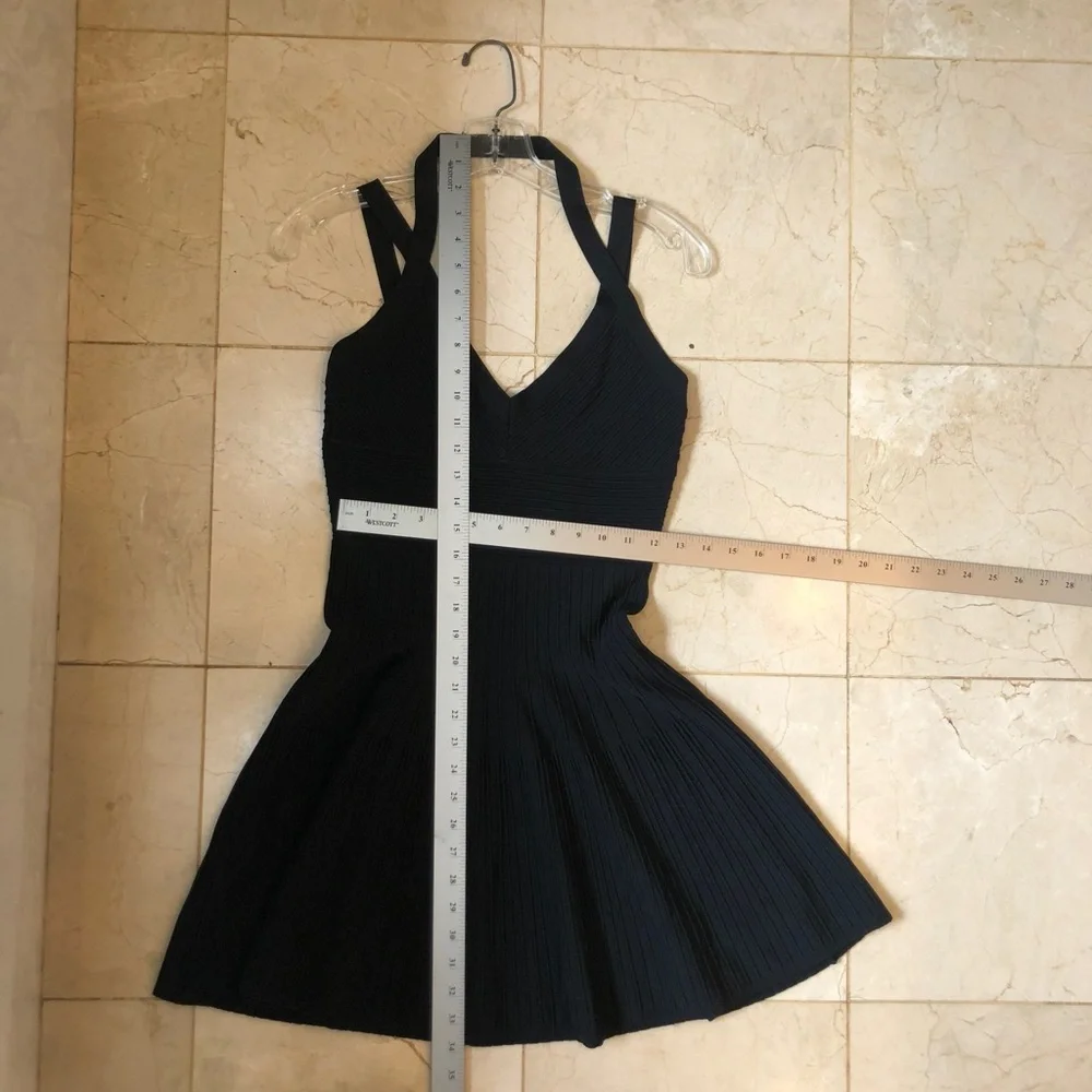 BCBGMaxAzria cocktail dress black ribbed mini full skirt, straps, Sz S, Elegant! - Picture 16 of 16